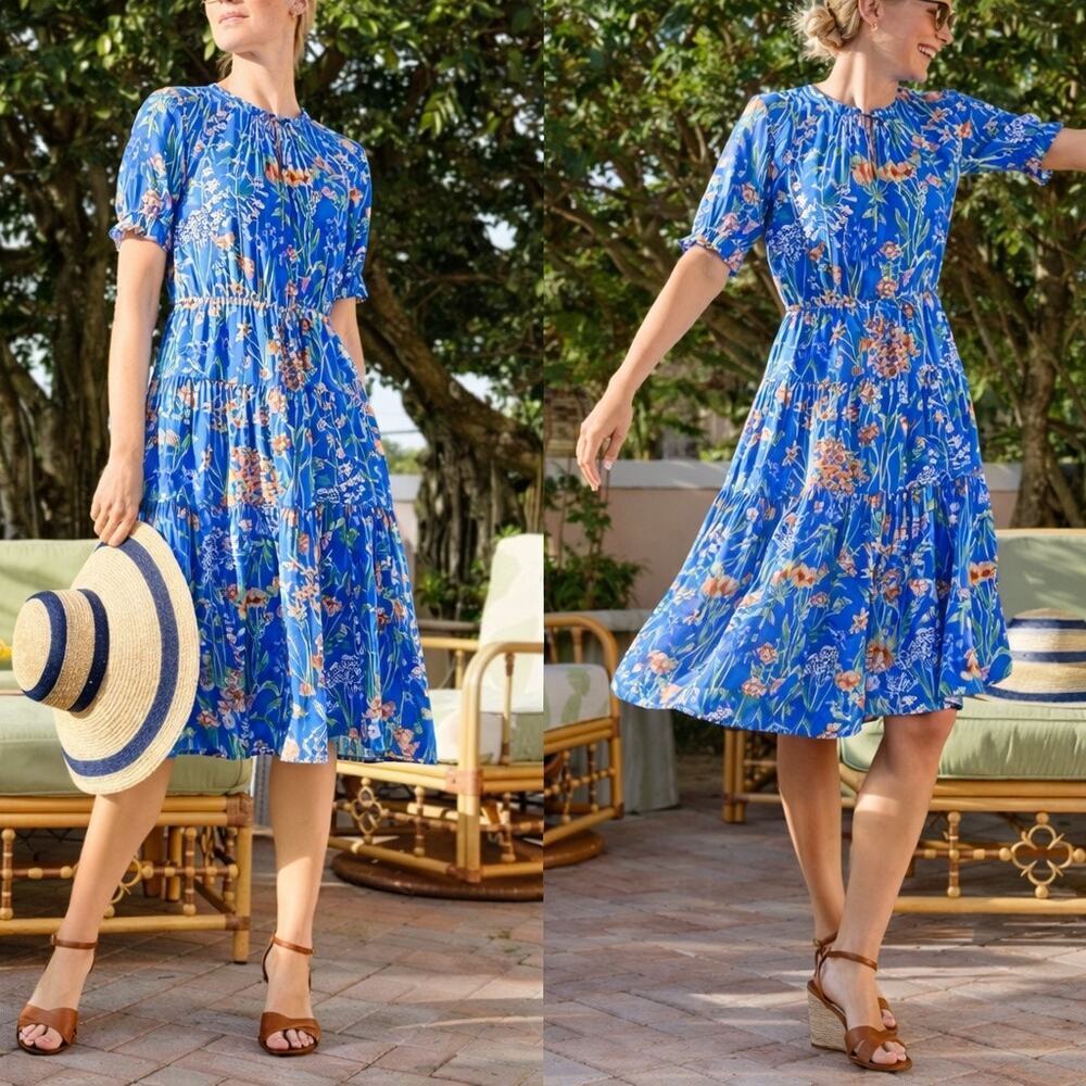 J. McLaughlin Lille Silk Tiered Midi Dress Madeira Flora Blue Size Large NWOT